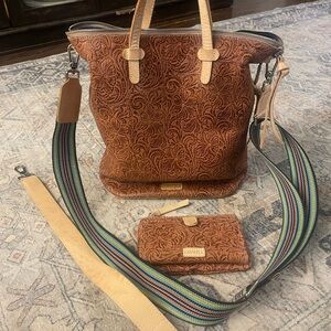 Consuela Brown Embossed Shoulder Bag with Multicolor Strap